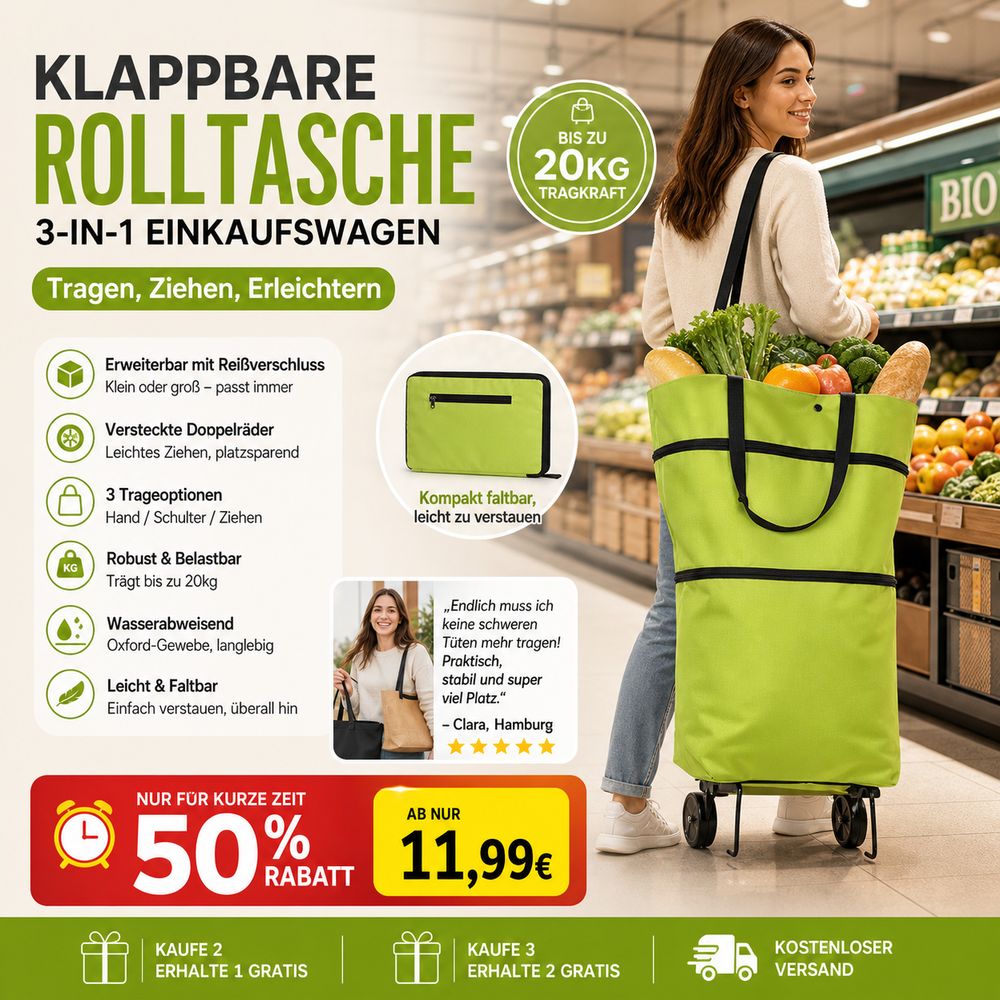 CarryFlex™ - Faltbare Einkaufstasche mit Rollen